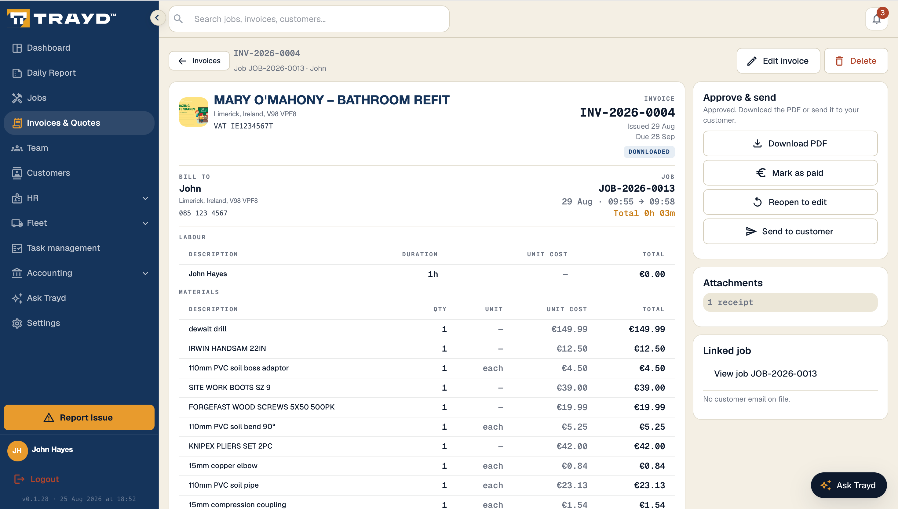 Employer dashboard — invoice ready to approve and send