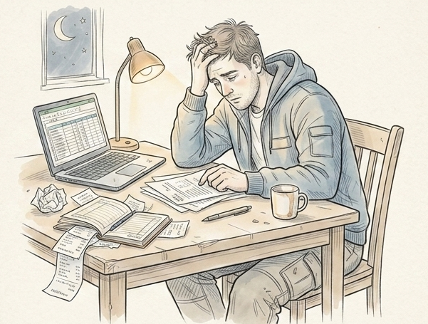 Trade lad doing paperwork at the kitchen table late at night